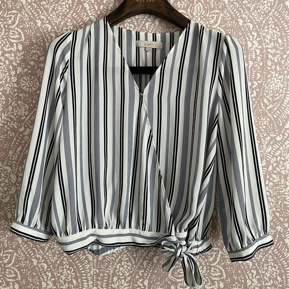 LOFT Navy and White Striped Blouse - Picture 1 of 2